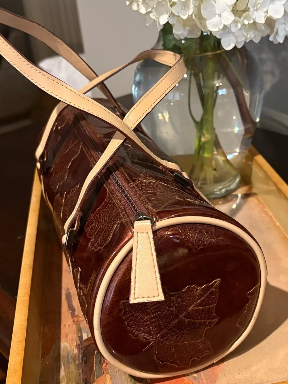 🍁Fall, Brown Leaf-Embossed Barrel Bag with Cream Straps